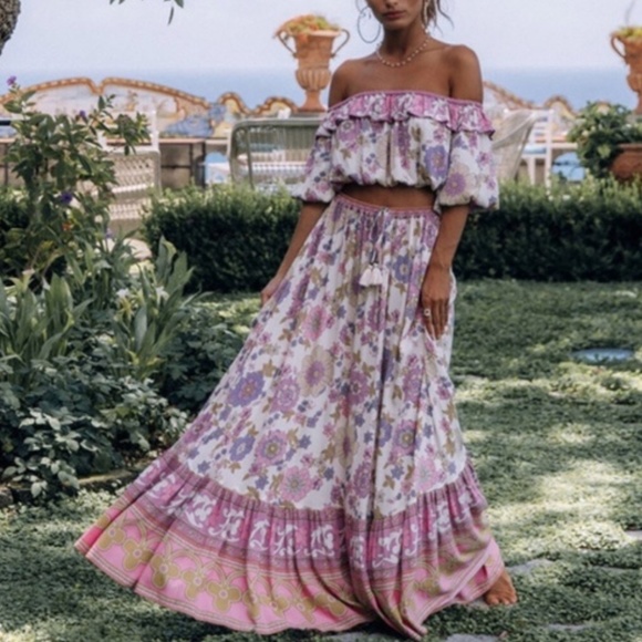 Waverly Boho Pink Floral Print Off Shoulder Crop top Maxi Skirt Set - Picture 2 of 16